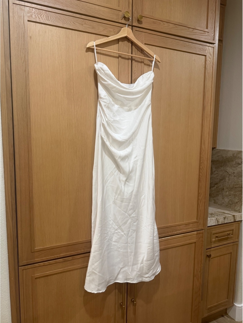 White Strapless Tube Top Cowl Neck Satin Maxi Dress
